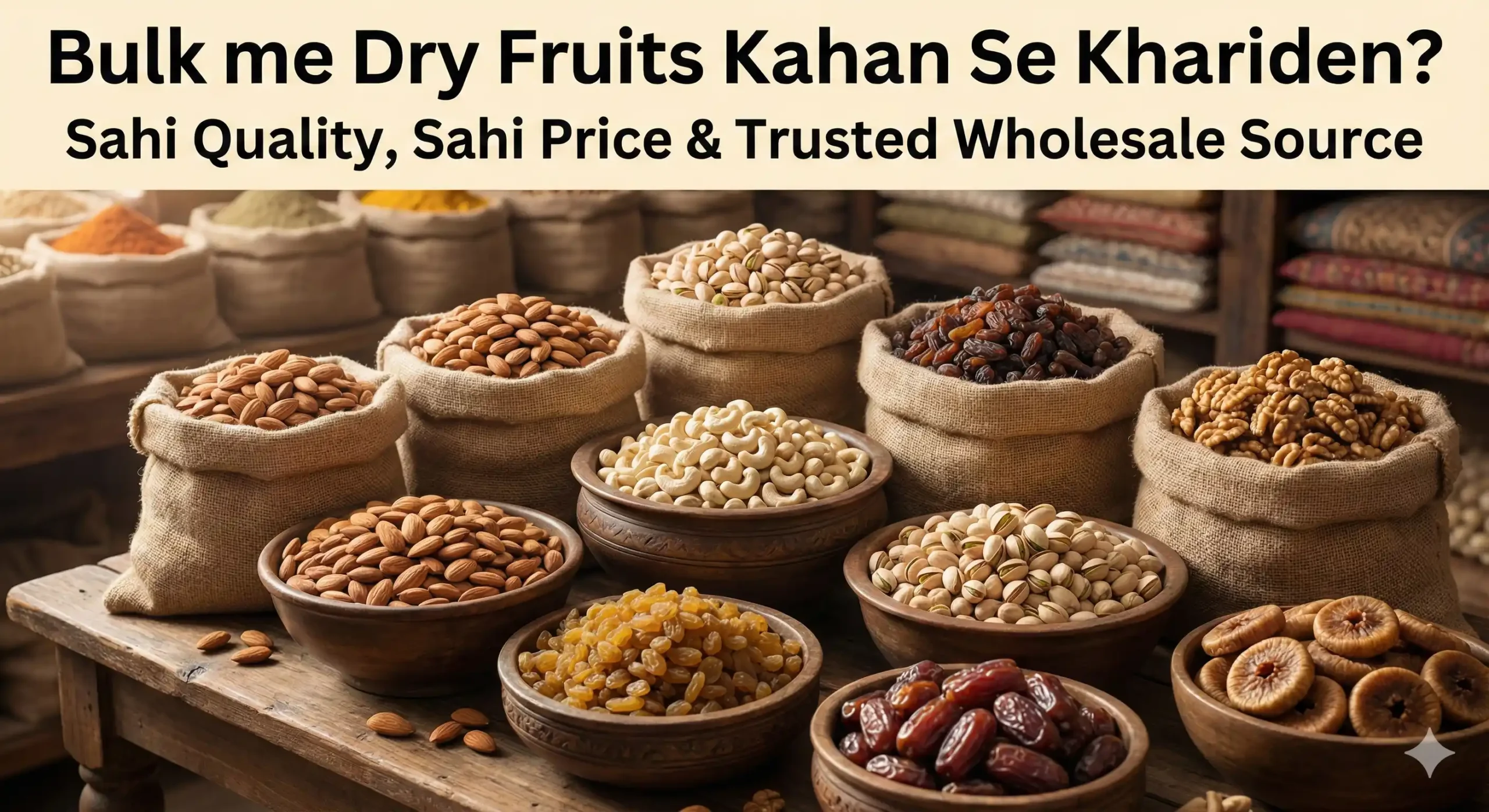 Bulk dry fruits wholesale display — almonds, cashews, pistachios, raisins and walnuts in large sacks on market table for bulk purchase