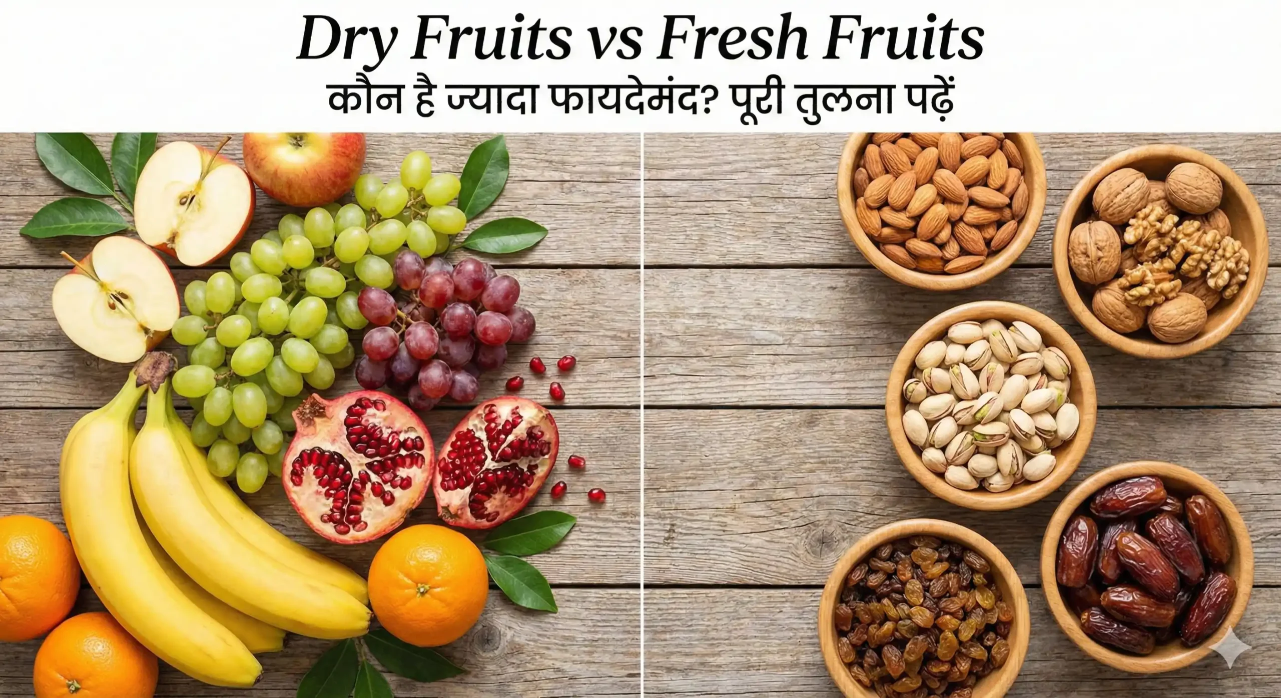 Dry fruits vs fresh fruits comparison — almonds, walnuts, raisins और ताज़े फलों के साथ health-focused food composition