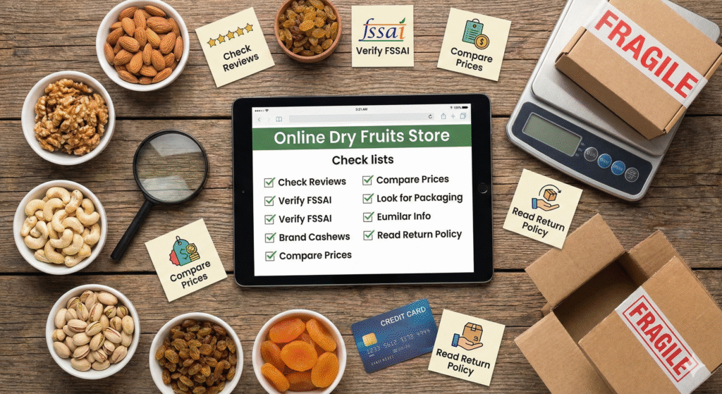 A flat lay photograph on a wooden surface illustrating tips for buying dry fruits online. A tablet in the center displays a checklist on a mock "Online Dry Fruits Store" webpage. It is surrounded by bowls of almonds, walnuts, cashews, pistachios, raisins, and apricots. Also present are sticky notes with tips like "Check Reviews," "Verify FSSAI," and "Read Return Policy," alongside a magnifying glass, a credit card, a digital scale, and cardboard shipping boxes labeled "FRAGILE".