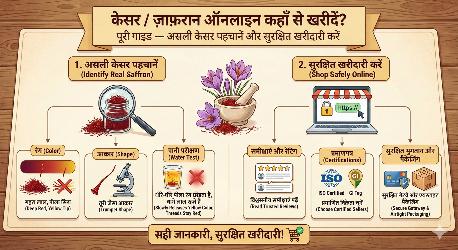 An educational infographic titled 'केसर / ज़ाफ़रान ऑनलाइन कहाँ से खरीदें? पूरी गाइड — असली केसर पहचानें और सुरक्षित खरीदारी करें' (Where to buy Saffron / Zafran online? Complete Guide — Identify real saffron and shop safely), presented on a wooden background. The left section, '1. असली केसर पहचानें (Identify Real Saffron)', shows a magnifying glass over saffron threads and details three methods: 'रंग (Color)' with a gradient bar showing 'गहरा लाल, पीला सिरा (Deep Red, Yellow Tip)' and an 'X' over incorrect colors; 'आकार (Shape)' with a microscope view showing a 'तूरी जैसा आकार (Trumpet Shape)'; and 'पानी परीक्षण (Water Test)' with a glass showing saffron slowly releasing yellow color, stating 'धीरे-धीरे पीला रंग छोड़ता है, धागे लाल रहते हैं (Slowly Releases Yellow Color, Threads Stay Red)'. The center features saffron flowers and a mortar and pestle. The right section, '2. सुरक्षित खरीदारी करें (Shop Safely Online)', shows a laptop with a secure 'https://' lock icon and details three tips: 'समीक्षाएं और रेटिंग (Reviews & Ratings)' with star icons and text 'विश्वसनीय समीक्षाएं पढ़ें (Read Trusted Reviews)'; 'प्रमाणपत्र (Certifications)' with ISO and GI Tag icons and text 'प्रमाणित विक्रेता चुनें (Choose Certified Sellers)'; and 'सुरक्षित भुगतान और पैकेजिंग (Secure Payment & Packaging)' with credit card and parcel icons and text 'सुरक्षित गेटवे और एयरटाइट पैकेजिंग (Secure Gateway & Airtight Packaging)'. The bottom banner reads 'सही जानकारी, सुरक्षित खरीदारी! (Right Information, Safe Shopping!)' with a shopping cart icon.