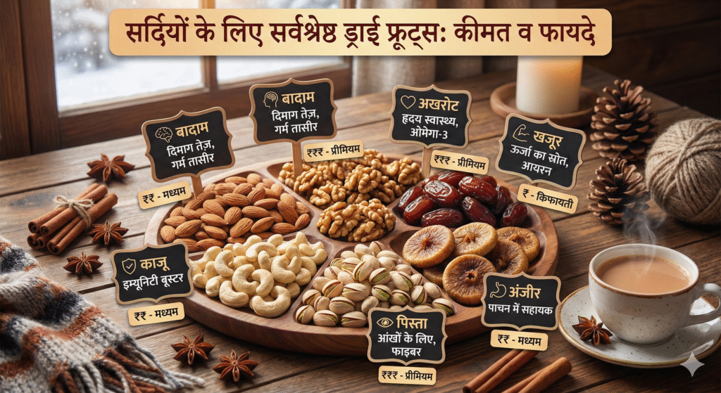 This image provides a clear and attractive visual guide of the benefits of consuming these dry fruits during the winter season and their relative cost.