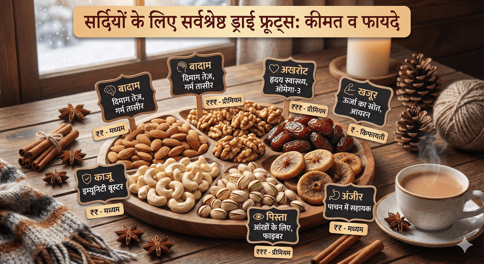 This image provides a clear and attractive visual guide of the benefits of consuming these dry fruits during the winter season and their relative cost.