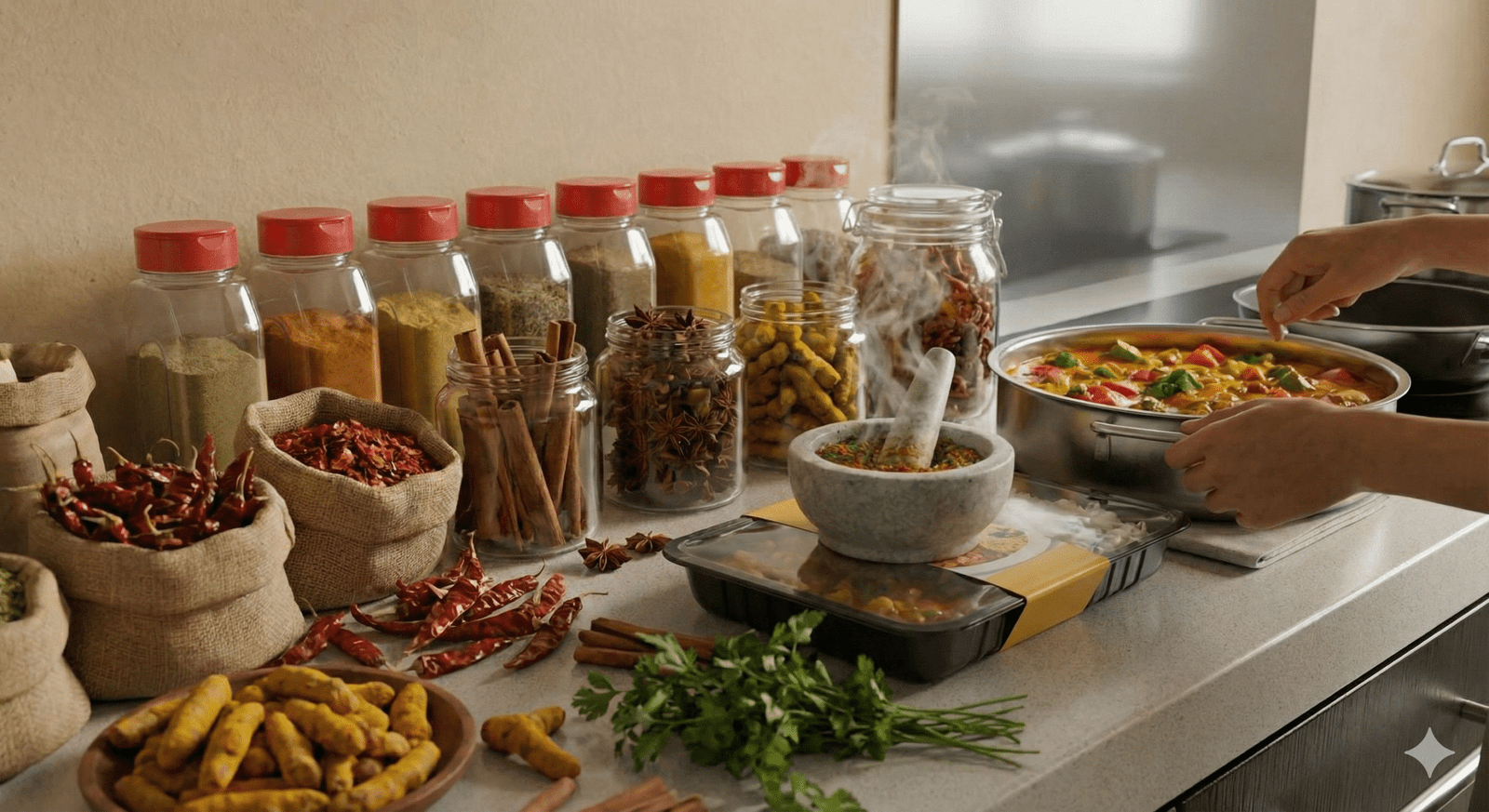 "A vibrant and aromatic kitchen counter scene. Burlap sacks overflowing with dried red chilies and bowls of fresh turmeric roots sit alongside glass jars filled with whole star anise, cinnamon sticks, and other spices. A stone mortar and pestle emits steam from freshly ground herbs, while a person's hands actively cook a rich, colorful curry in a large pot on the stove, surrounded by fresh cilantro."