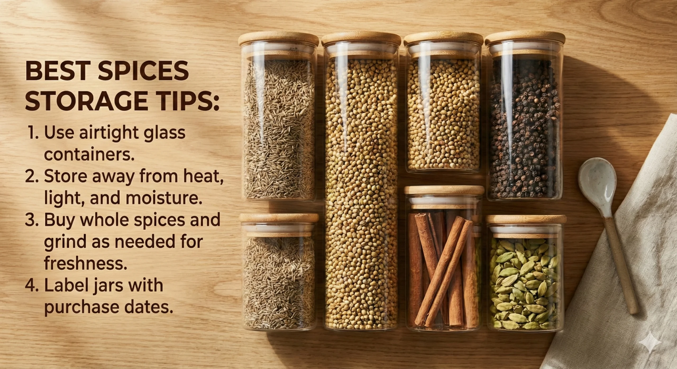 Airtight glass jars filled with Indian spices like turmeric, red chilli, cumin and coriander placed neatly on a wooden surface — spices ko store karne ka sahi tarika.