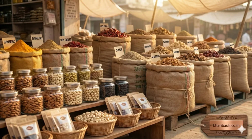 "Overhead view of Indian wholesale vs retail kharibaoli.co.in market scene showing burlap sacks of colorful spices and bulk dry fruits alongside neatly packed retail packets, highlighting price and quantity difference."